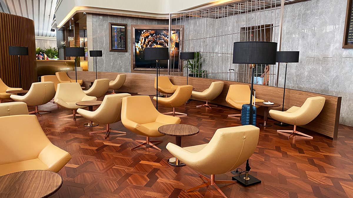 airport lounge with chairs and tables