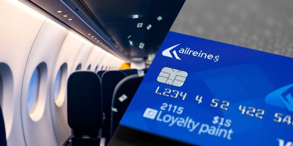 Airplane window view with credit card and loyalty points.