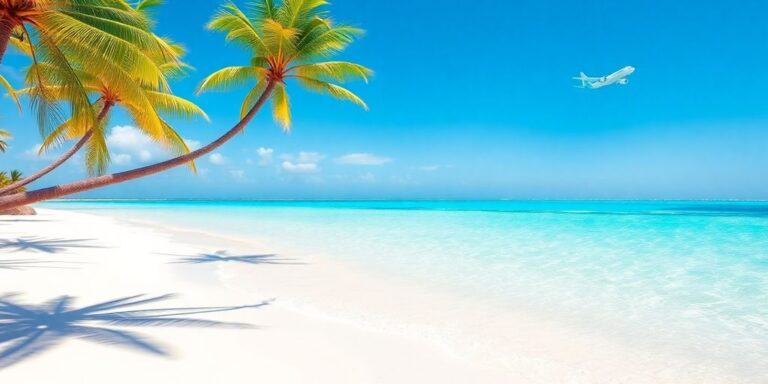 Tropical beach with palm trees and airplane distant.