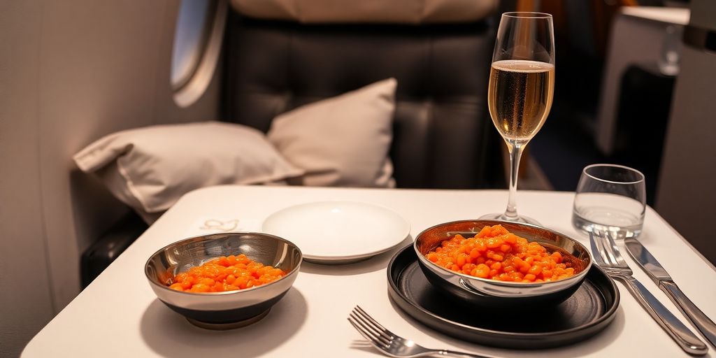 Luxurious airplane seat with caviar and champagne.
