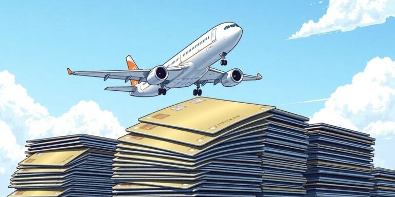 Airplane flying above a stack of credit cards.