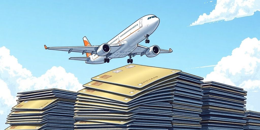 Airplane flying above a stack of credit cards.