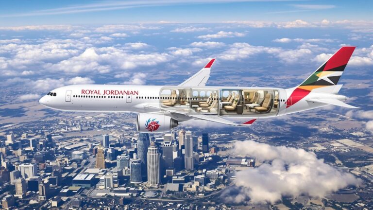 Royal Jordanian plane above Dallas skyline with business class