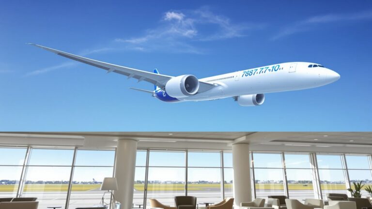 Boeing 787-10 flying, modern airport lounge.