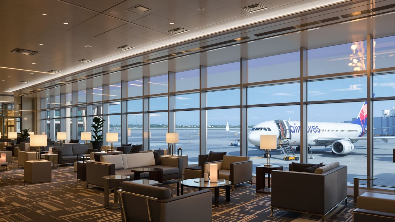 Modern airport lounge with comfortable seating and tarmac view.