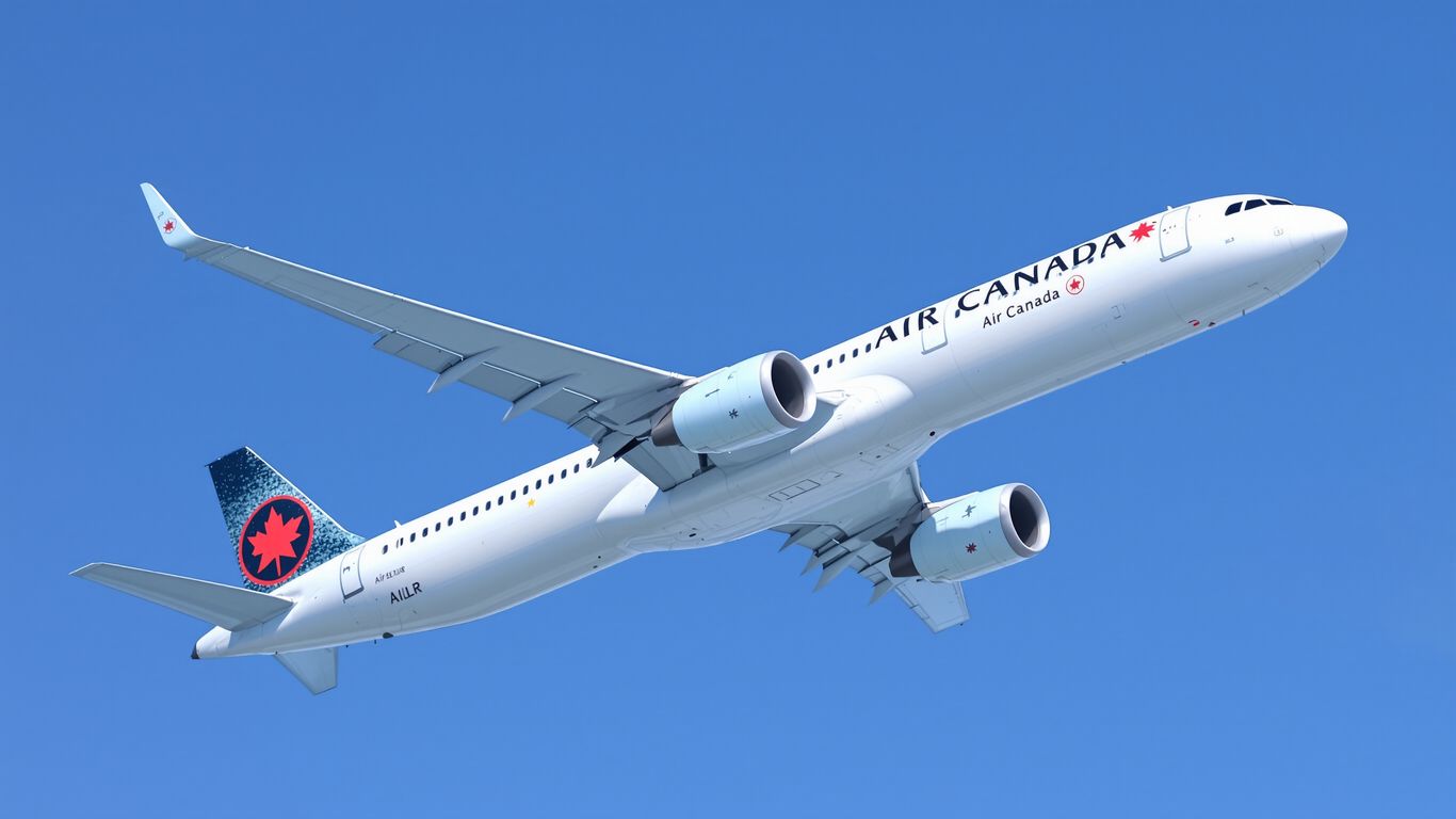 Air Canada Airbus A321XLR flying in a blue sky.