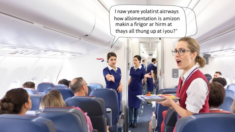 British Airways cabin with worried flight attendants and passengers.