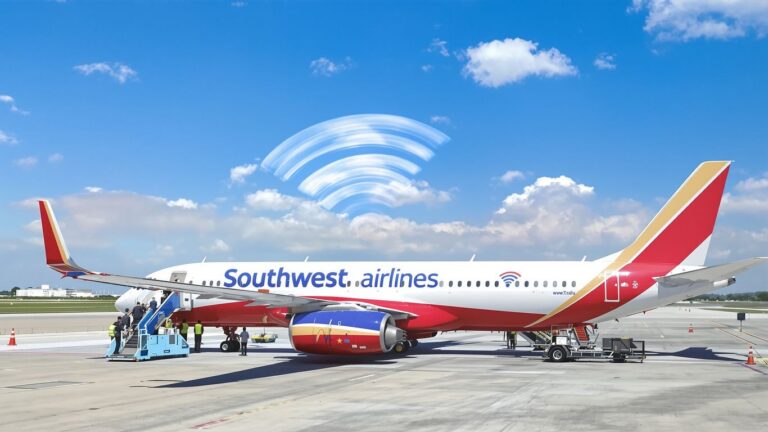 Southwest airplane on runway with Wi-Fi signal in sky
