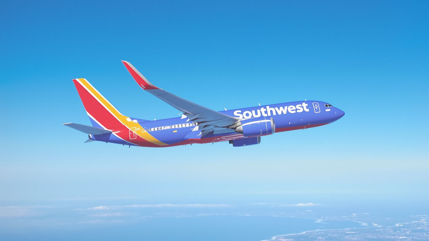 Southwest Airlines plane flying over California coast.