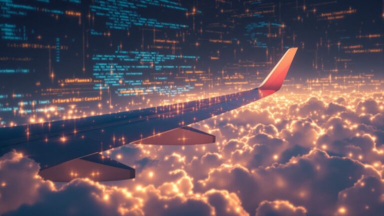 Airplane wing with digital code background.