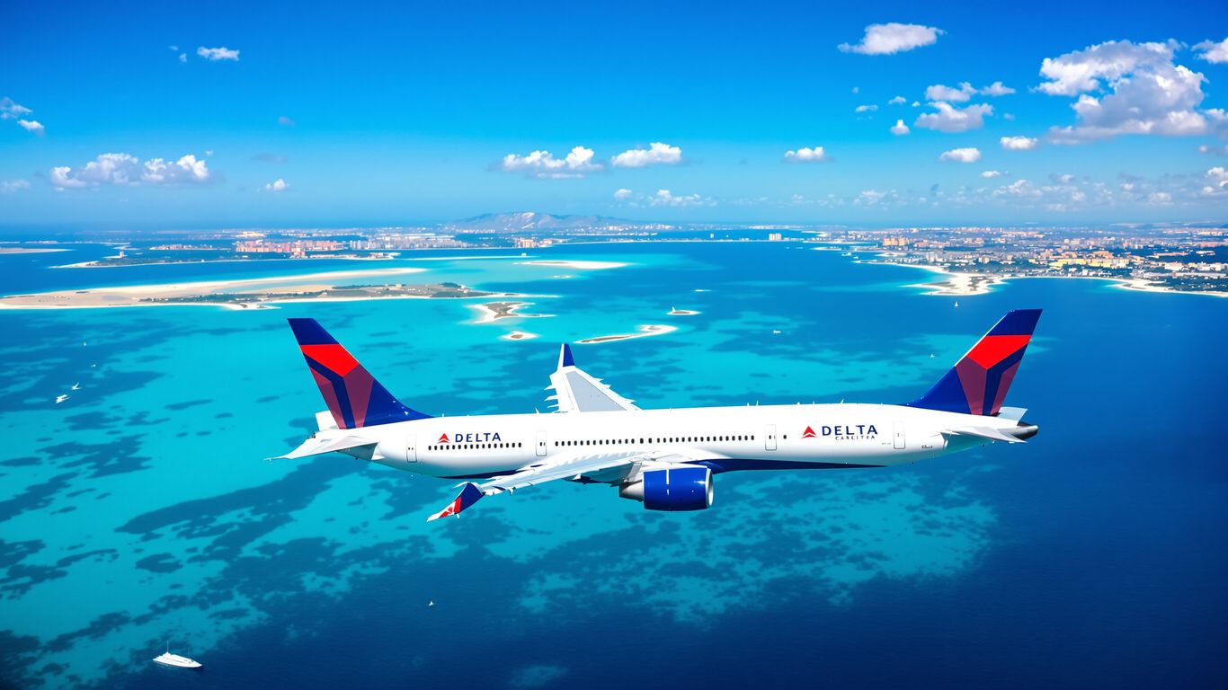 Delta airplane flying over Mediterranean Sea towards Sardinia and Malta.