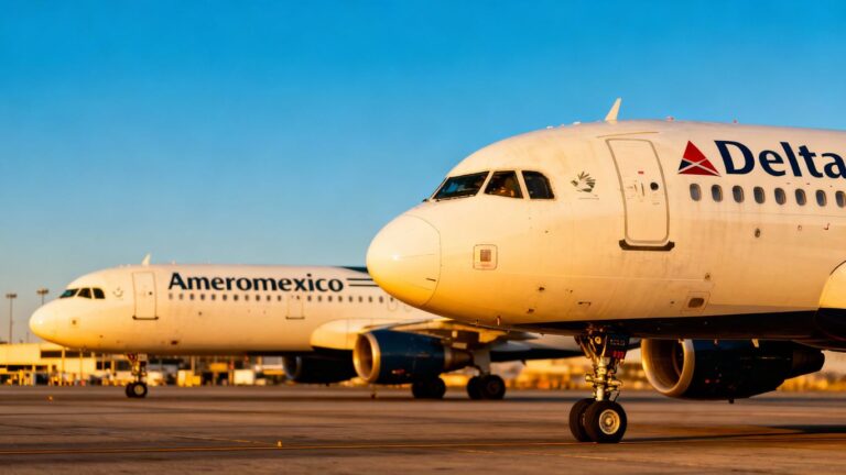 Delta and Aeromexico airplanes parked at an airport.