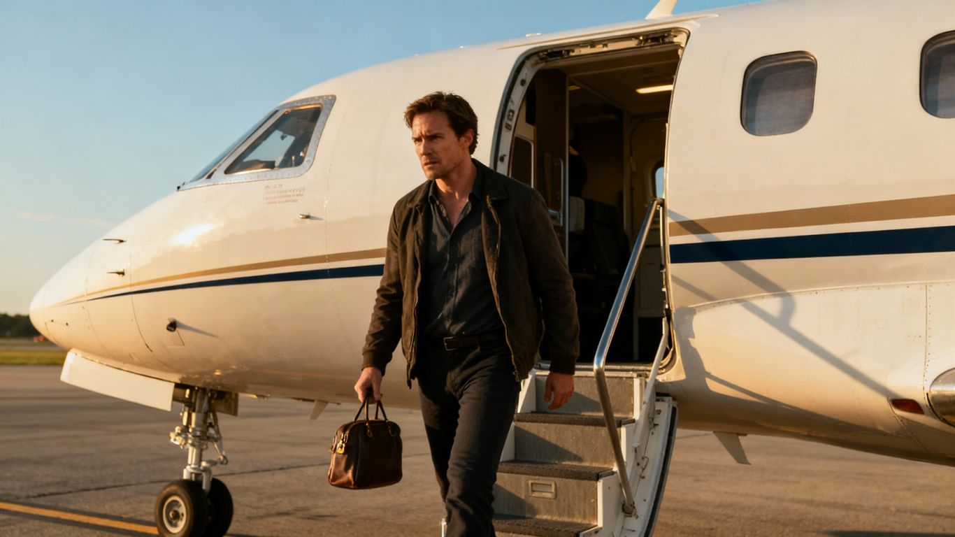 Passenger exits airplane, walking away from the aircraft.