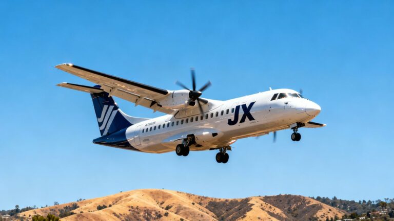 JSX ATR turboprop flying over California hills.