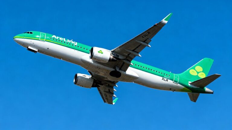 Aer Lingus Airbus A321XLR flying over clouds.