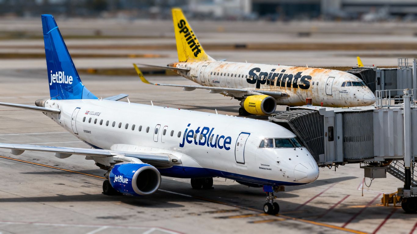 JetBlue and Spirit planes at airport gate.