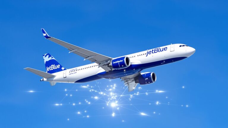 JetBlue plane with satellite connectivity signals