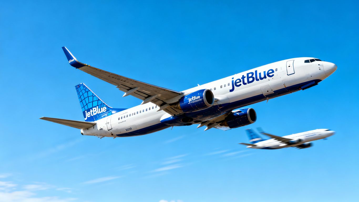 JetBlue plane flying high, Spirit plane below.