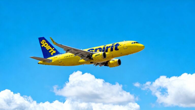 Spirit Airlines plane flying in the sky.