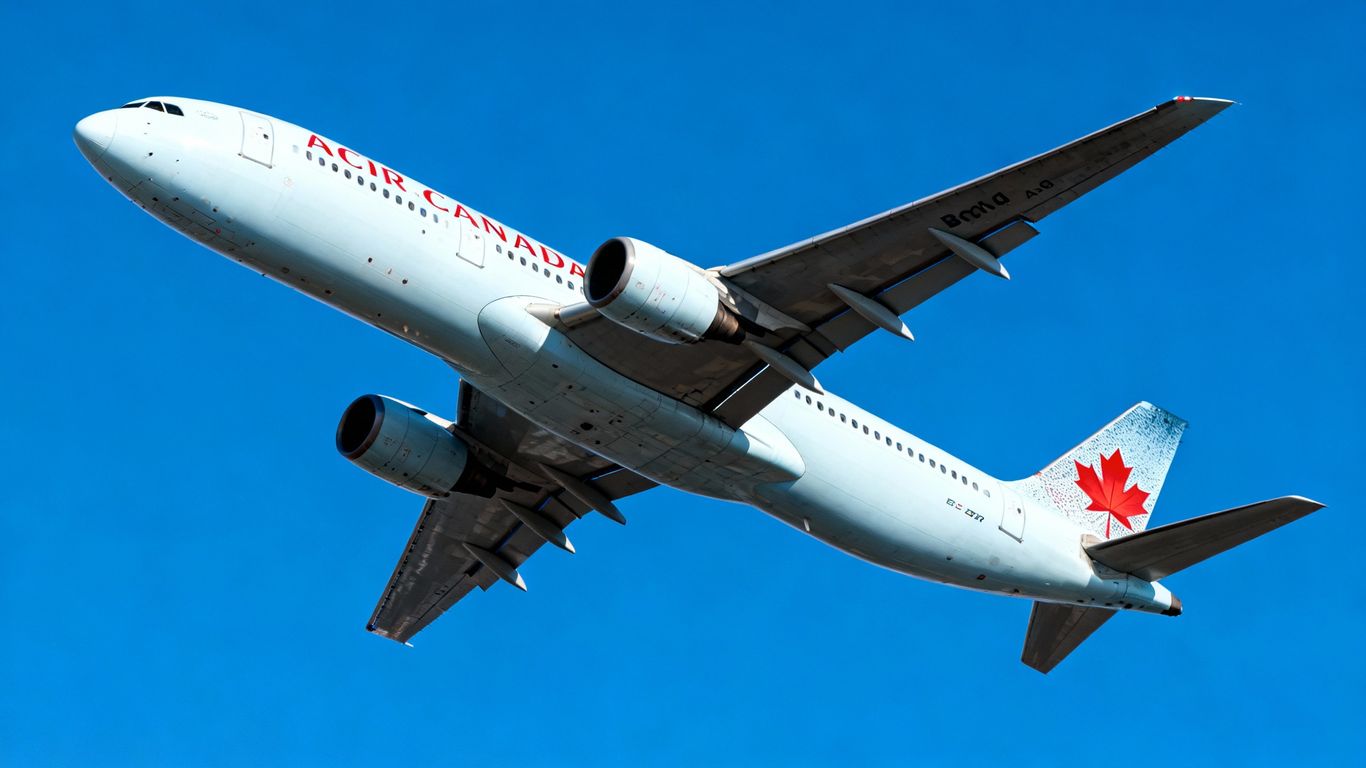 Air Canada airplane flying in a blue sky.