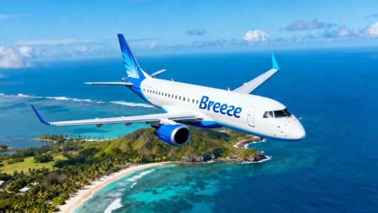 Breeze Airways plane flying over a tropical coast.