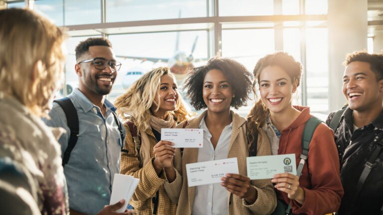 Travelers with boarding passes near an airplane.