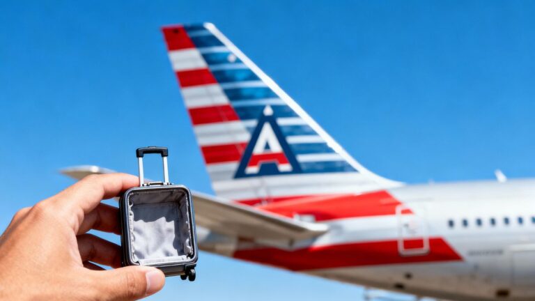 American Airlines plane and an empty suitcase.