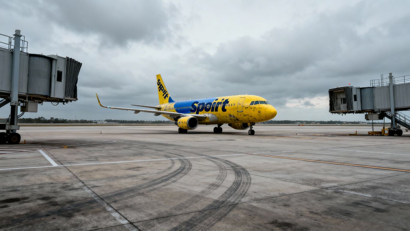 Spirit Airlines plane grounded, empty gates, overcast sky.