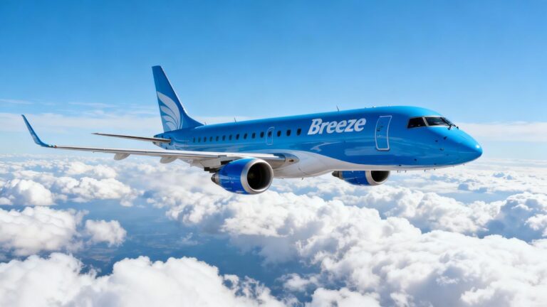 Breeze Airways plane flying over clouds.
