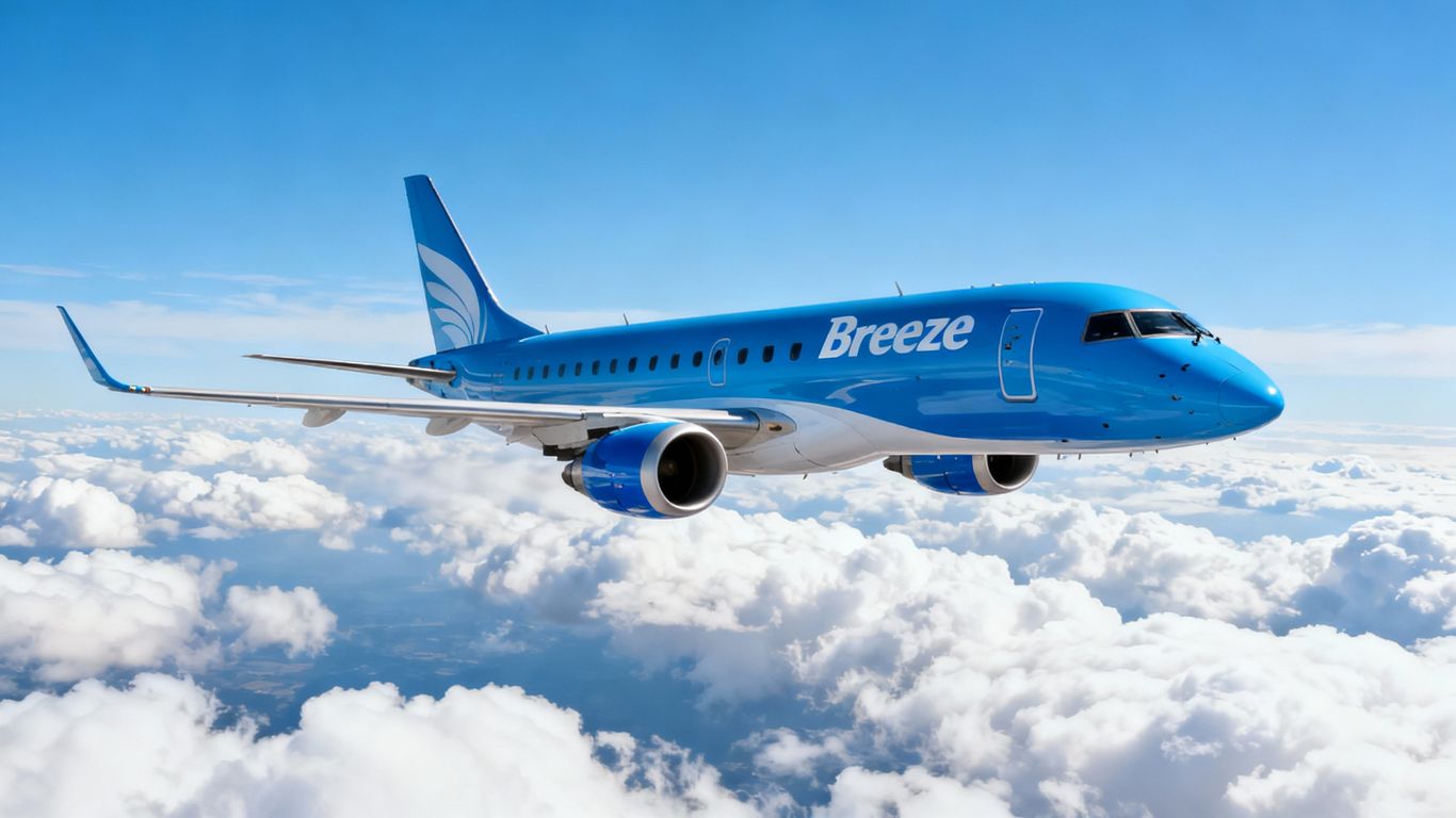 Breeze Airways plane flying over clouds.