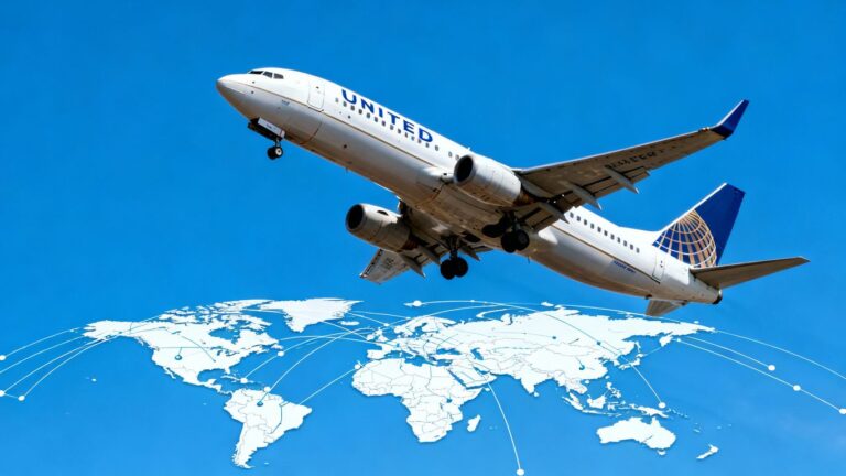 United Airlines plane flying with global network below.