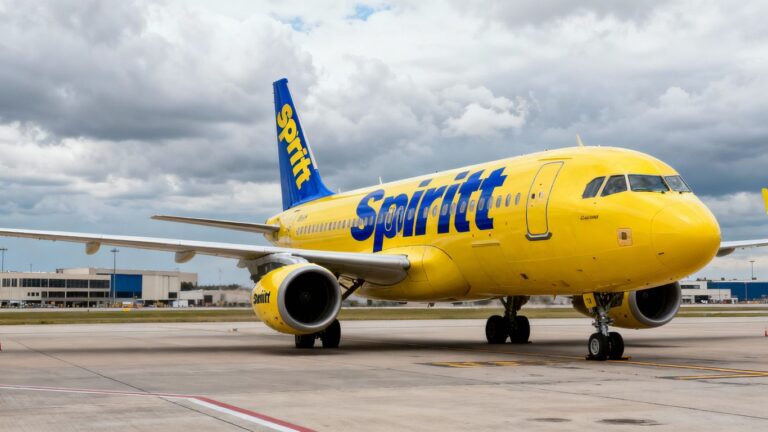 Spirit Airlines plane on tarmac, cloudy sky.