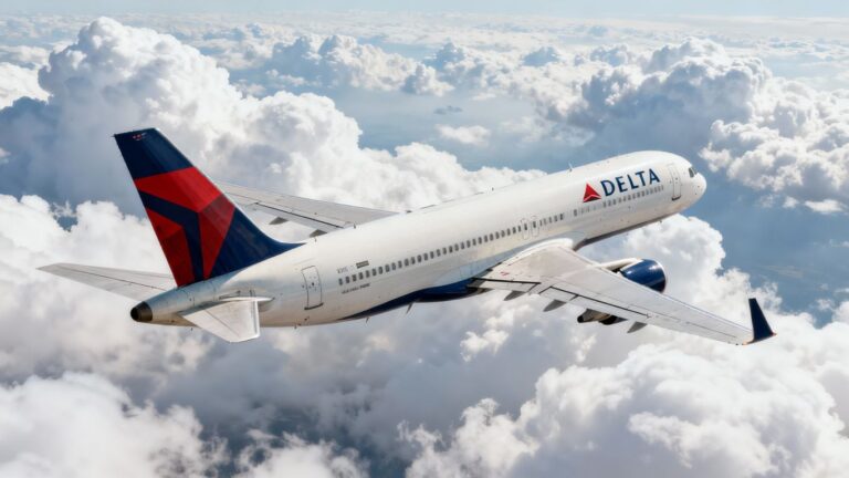 Delta airplane in flight against clouds.