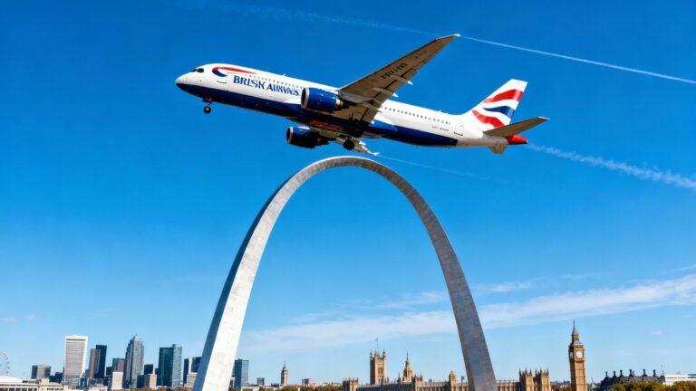 British Airways jet flying over Gateway Arch and London skyline.
