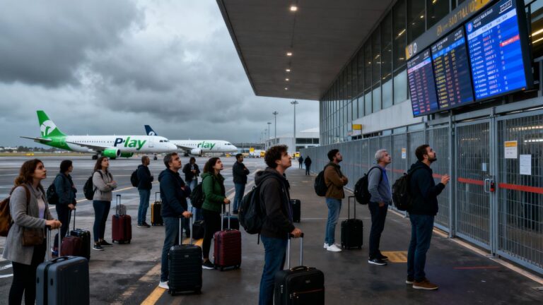 Stranded passengers outside airport with Play Airlines planes