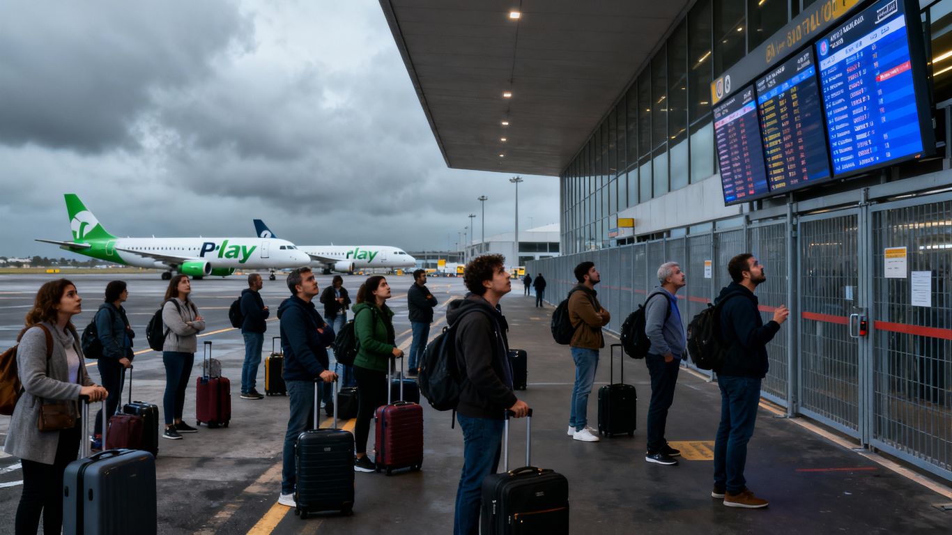 Stranded passengers outside airport with Play Airlines planes