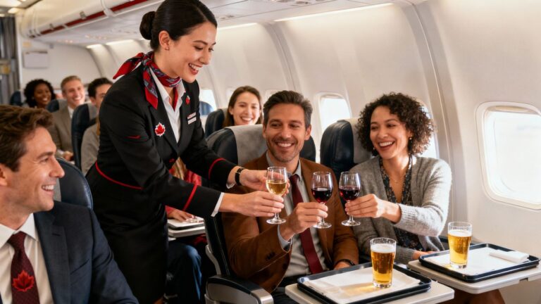 Air Canada flight attendant serving drinks to smiling passengers