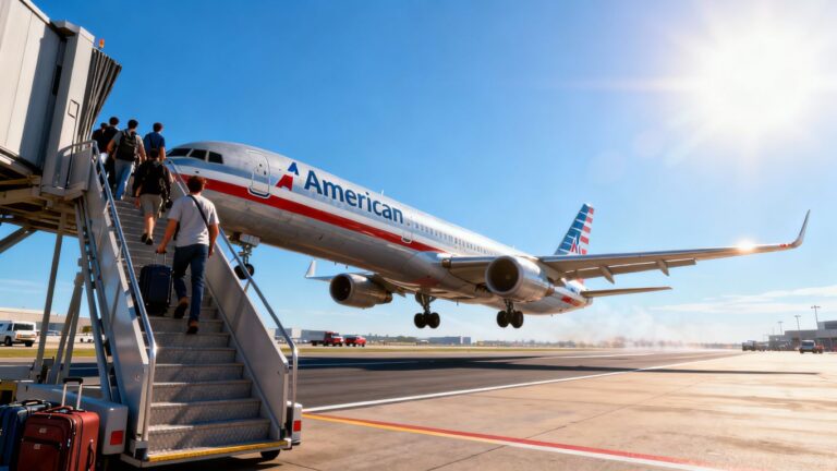 American Airlines jet with passengers and luggage outdoors