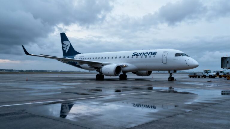 Grounded Serene Air airplane parked on empty runway