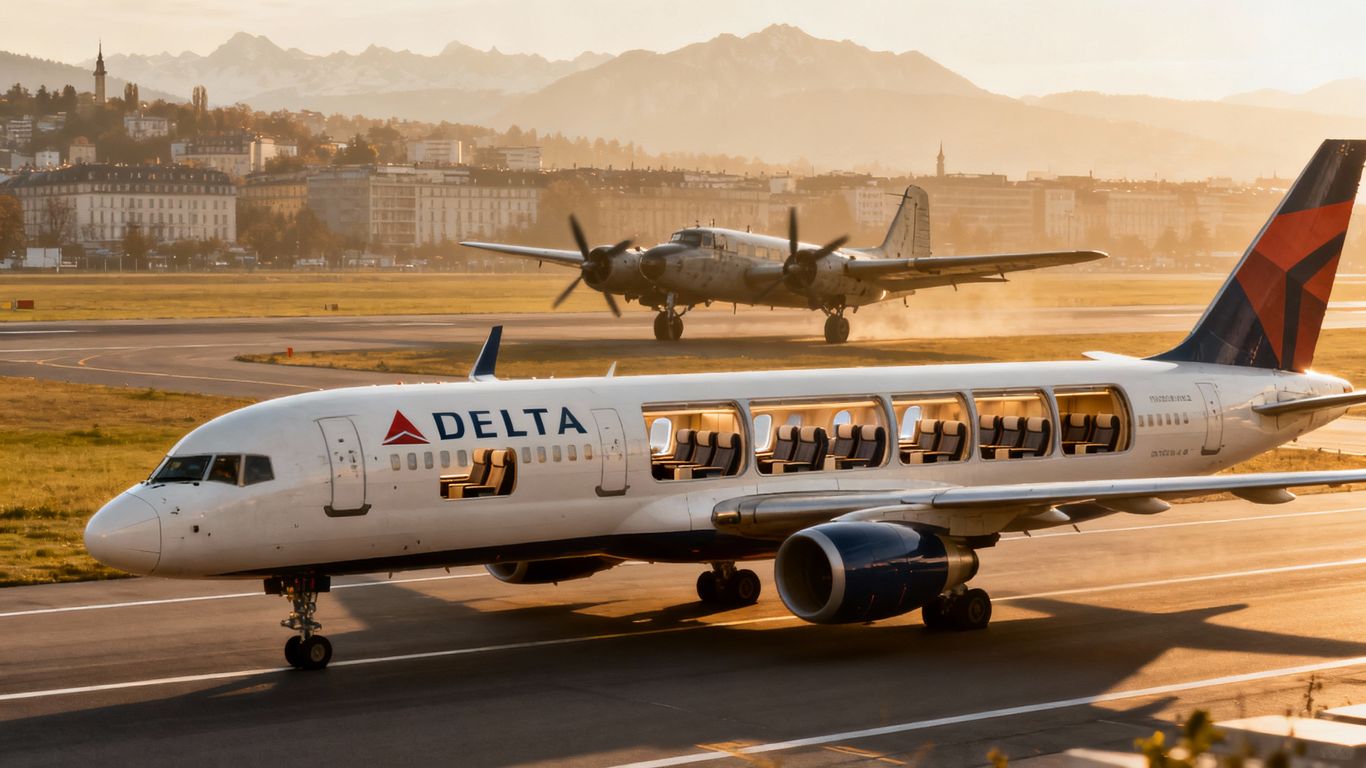 Delta jet, first class seats, Geneva skyline, historic airplane