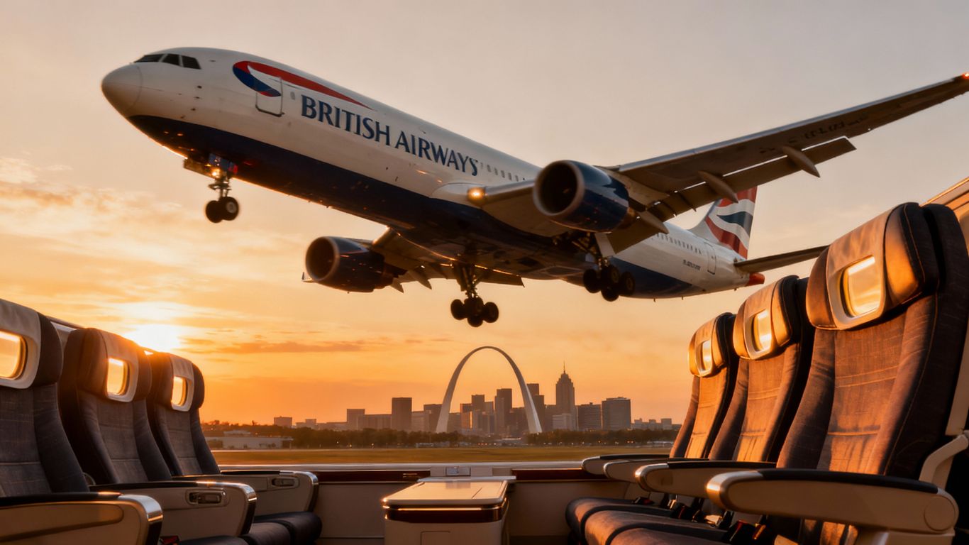 British Airways plane, St. Louis skyline, premium economy seats