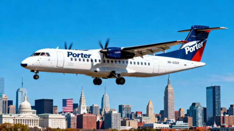 Porter airplane flying over U.S. city skyline