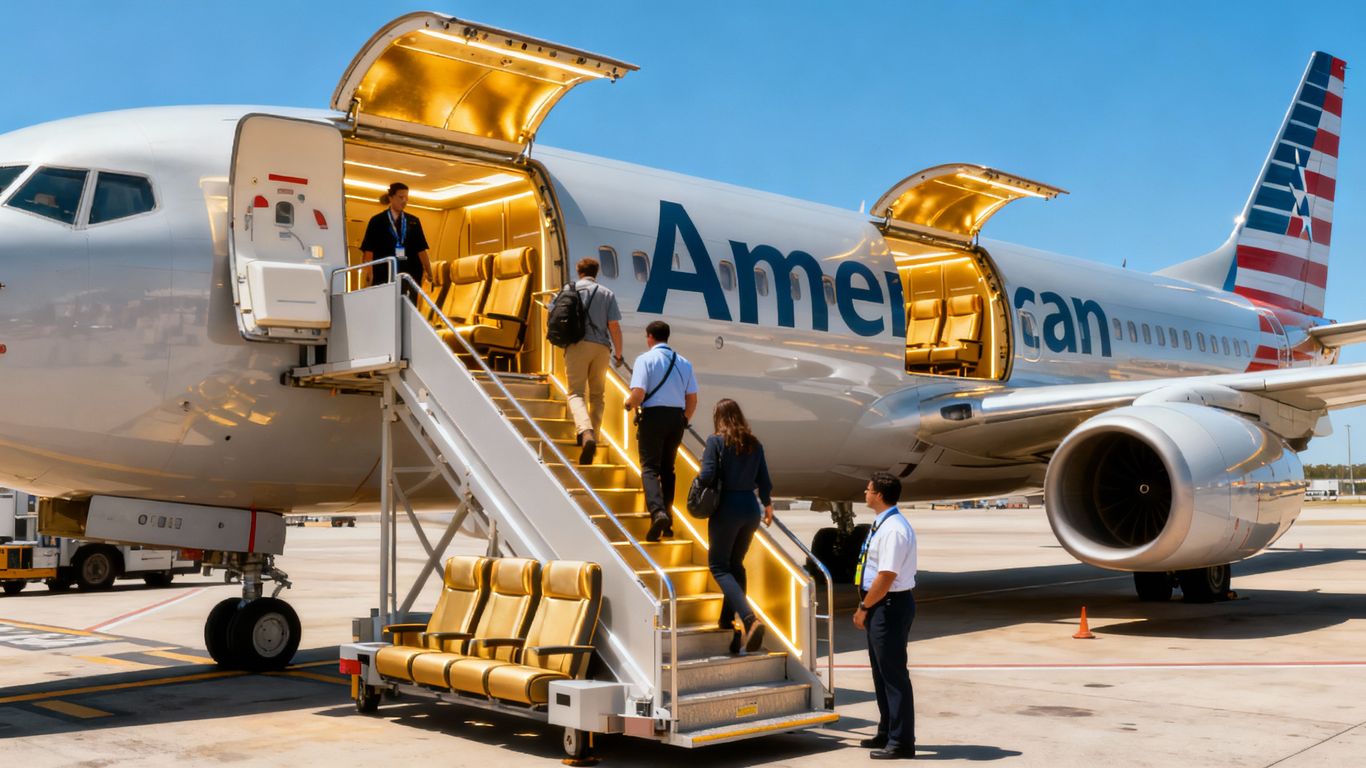 American Airlines airplane boarding passengers at airport gate