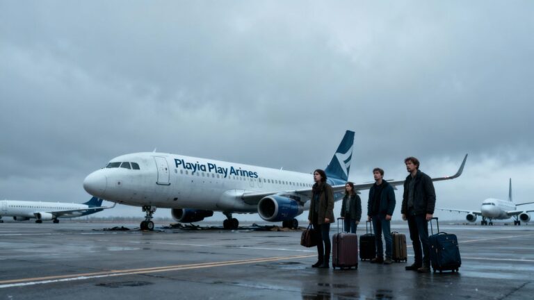 Grounded Play Airlines plane and stranded passengers