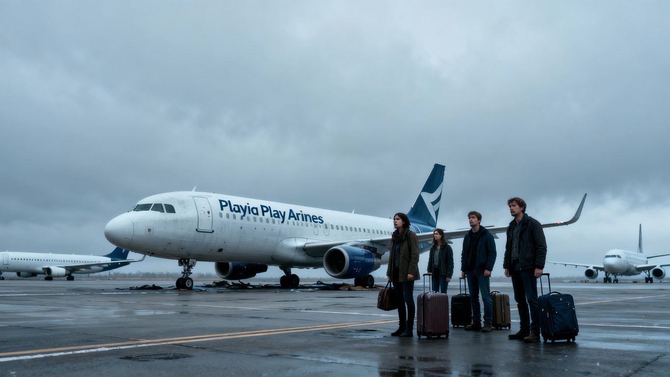 Grounded Play Airlines plane and stranded passengers