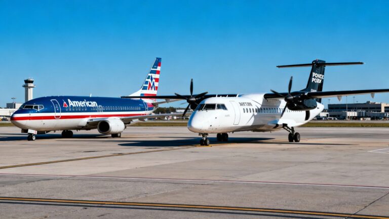 American Airlines and Porter Airlines jets on tarmac.