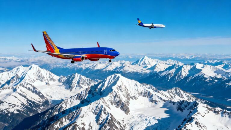 Southwest and Icelandair planes over snowy Alaskan mountains