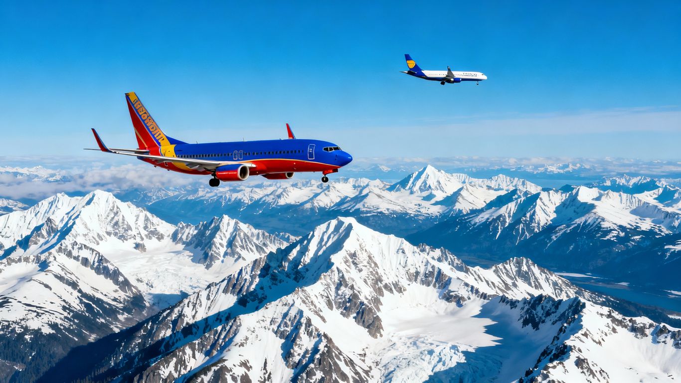 Southwest and Icelandair planes over snowy Alaskan mountains