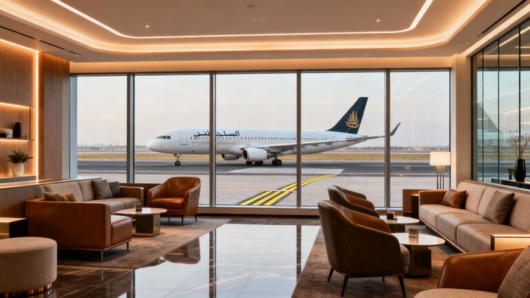 Luxurious Riyadh Air lounge with airplane outside window
