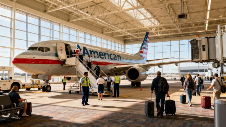 American Airlines jet boarding passengers at a busy terminal